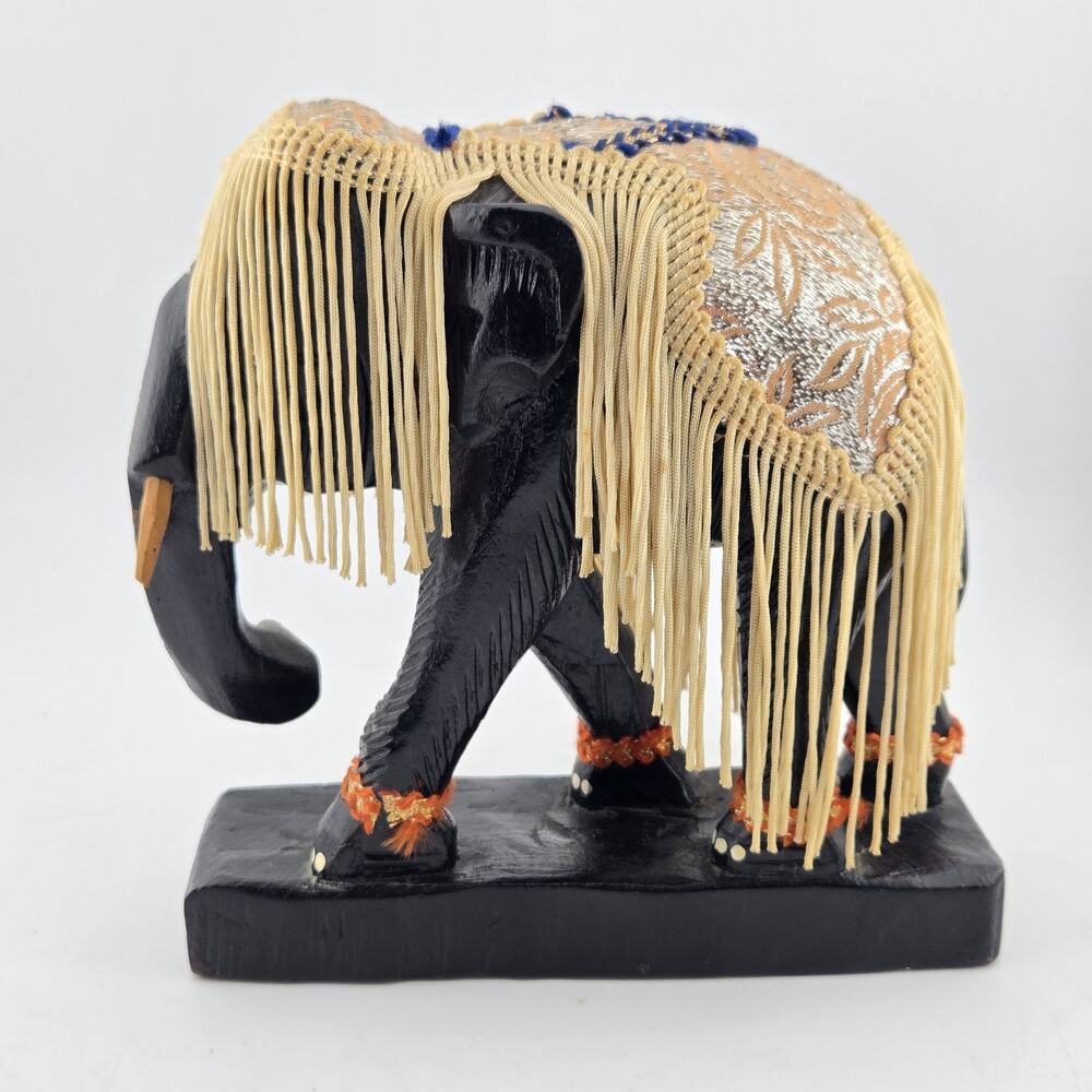 Vintage Hand Carved Wooden Elephant Figurine India Style Folk Art Statue
